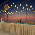 Tea Break Area With Long Table String Lights And Snacks Display Setup