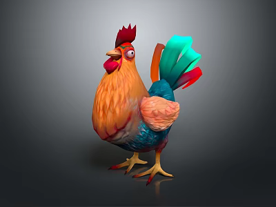 Colorful Cartoon Style Rooster With Red Comb Orange Body And Blue Green Vibrant Tail Feathers 3d model