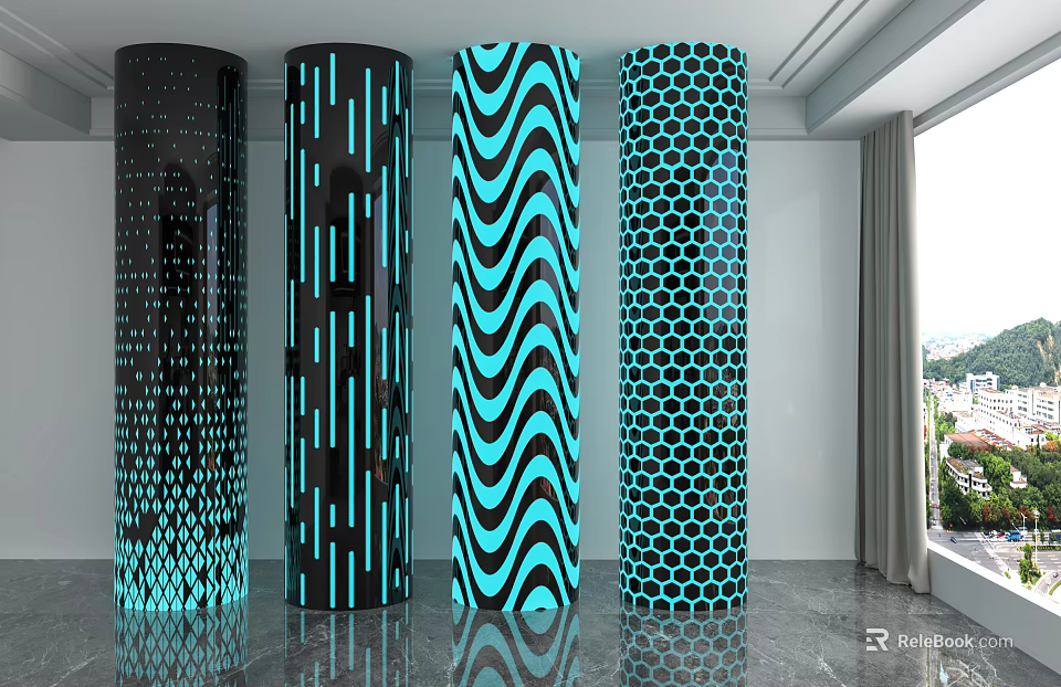Modern Illuminated Columns with Dotted Striped Wavy Hexagonal Patterns in Contemporary Room with Reflective Floor 3d model 