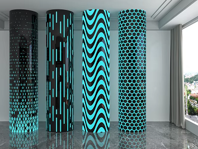 Modern Illuminated Columns with Dotted Striped Wavy Hexagonal Patterns in Contemporary Room with Reflective Floor 3d model