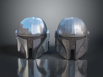 Two Silver Metallic Tactical Helmets With Armor Design And Reflective Surface 3d model
