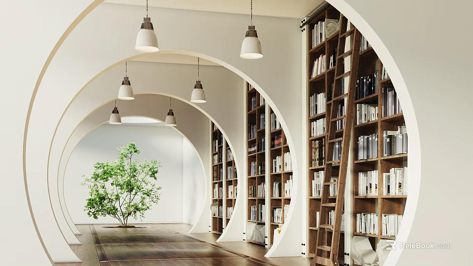 Book Art Interior Design With Arched Corridors Wooden Bookshelves Green Plants And Pendant Lights 3d model 