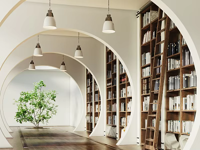 Book Art Interior Design With Arched Corridors Wooden Bookshelves Green Plants And Pendant Lights 3d model