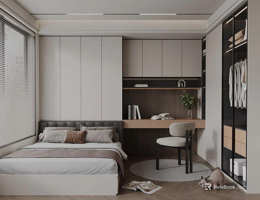 Modern Minimalist Tatami Bedroom Featuring Tatami Bed Writing Desk Potted Plant And Built In Wardrobe 3d model 