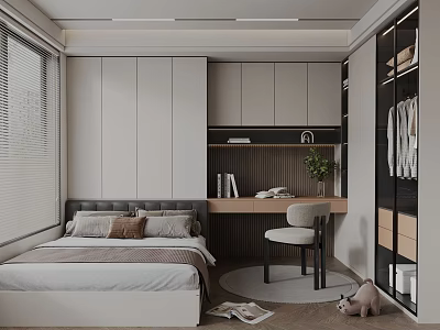 Modern Minimalist Tatami Bedroom Featuring Tatami Bed Writing Desk Potted Plant And Built In Wardrobe 3d model