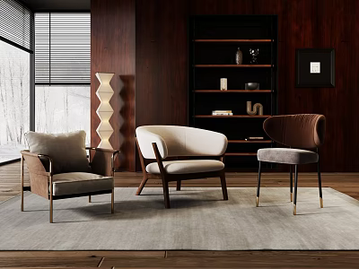 Modern Accent Chairs in Living Space With Wooden Shelves Floor Lamp and Rug 3d model
