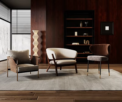 Modern Accent Chairs in Living Space With Wooden Shelves Floor Lamp and Rug 3d model
