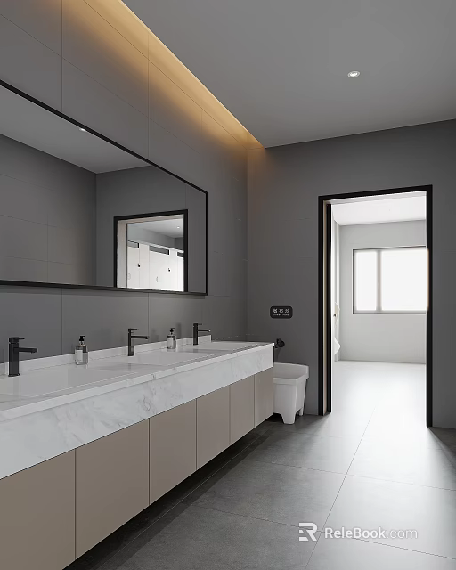 Modern Public Restroom With Double Sink Large Mirror And Smart Toilet 3d model 