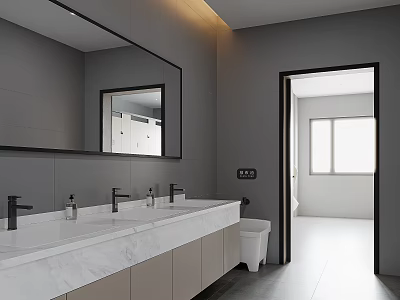 Modern Public Restroom With Double Sink Large Mirror And Smart Toilet 3d model