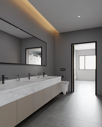 Modern Public Restroom With Double Sink Large Mirror And Smart Toilet 3d model
