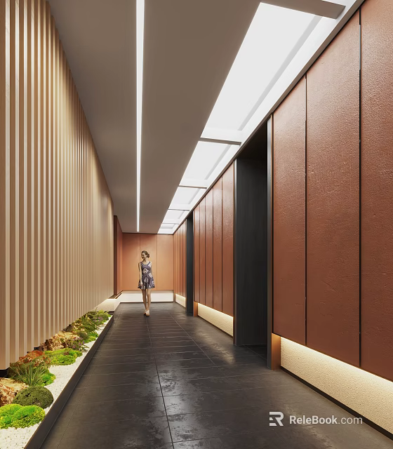 Modern Elevator Hallway Interior With Wooden Slat Walls Linear Ceiling Lights And Green Plants 3d model 