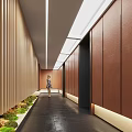 Modern Elevator Hallway Interior With Wooden Slat Walls Linear Ceiling Lights And Green Plants