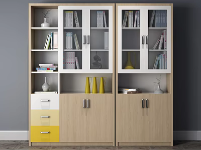 Modern Simple Bookcase With Glass Doors Open Shelves Books Yellow White Drawers And Decorative Vases 3d model