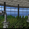 Cartoon Scene of Robotic Arms Growing Vegetables in Greenhouse With Plants and Glass Roof