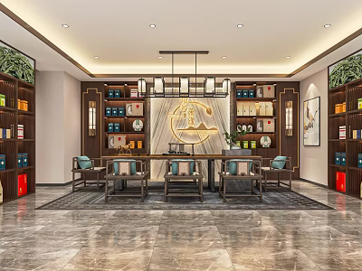 Elegant Chinese Tea Specialty Store Interior With Wooden Shelves Display Cabinets And Decorative Paintings 3d model