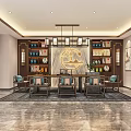 Elegant Chinese Tea Specialty Store Interior With Wooden Shelves Display Cabinets And Decorative Paintings