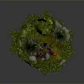 Game Fantasy Character 3D Model in Lush Grass with Pine Trees Mushrooms Stones and Vines