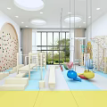 Kindergarten Indoor Play Area With Climbing Wall Colorful Balls Padded Floor And Windows
