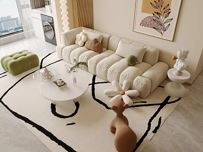 Modern Sofa And Coffee Table Set With Green Ottoman Black Line Pattern Rug 3d model