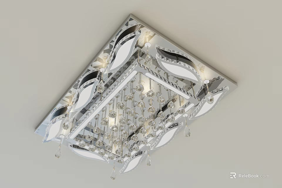 Square Shaped Crystal Ceiling Light With Silver Frame And Decorative Crystals 3d model 
