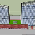 Twin High Rise Modern Office Building With Glass Curtain Walls And Red Brick Base