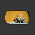 Cartoon Island Scene with Iceberg Waterfall Green Grass Small Boat Flags Trees on Blue Water
