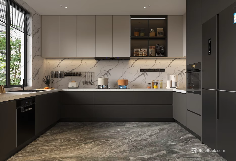 Modern Kitchen Interior Design With Marble Countertop Cabinets Appliances And Natural Light 3d model 