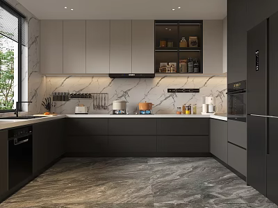 Modern Kitchen Interior Design With Marble Countertop Cabinets Appliances And Natural Light 3d model