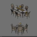 Elegant Rectangular and Round Dining Table Set with Six Chairs Candles and Tableware 3d model