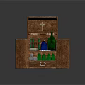 Open Wooden Chest With Cross Green And Blue Bottles Scrolls And Small Cups