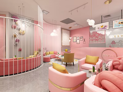 Charming Pink Dessert Shop Interior With Cozy Seating Art Decor And Pendant Lights 3d model