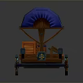 Vintage Wooden Wagon With Blue Striped Canvas Cover And Decorative Wooden Wheels