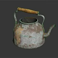 Vintage Rustic Teapot With Wooden Handle And Rusted Weathered Metal Surface