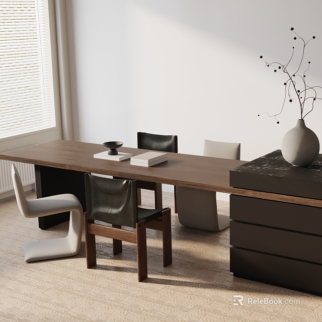 Modern Wooden Dining Table Set With Black And White Chairs And Decorative Vase 3d model 