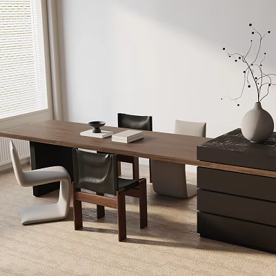 Modern Wooden Dining Table Set With Black And White Chairs And Decorative Vase 3d model