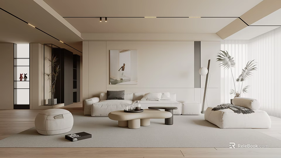 Modern Living Room Interior With White Sofa Round Coffee Table Floor Lamp And Wall Art 3d model 