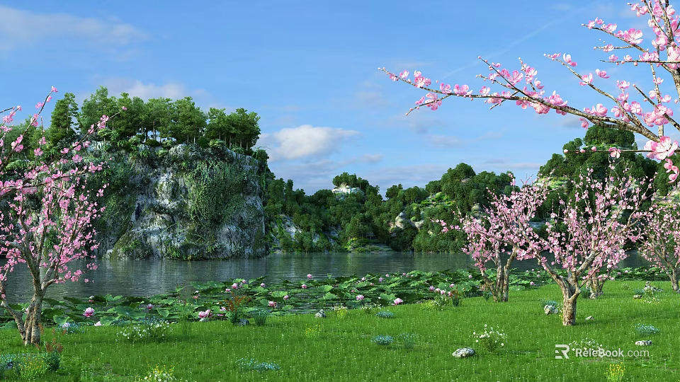 Scenic Lake View With Water Lilies Pink Flowering Trees Rocky Outcrop And Green Grass 3d model 