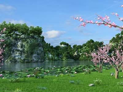 Scenic Lake View With Water Lilies Pink Flowering Trees Rocky Outcrop And Green Grass 3d model