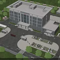 Modern Office Building Exterior With Glass Walls Green Trees Parking Lot And Entrance Plaza Design
