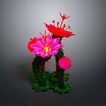 3D Rendered Cactus Plant With Red And Pink Flowers And Green Leaves Stems