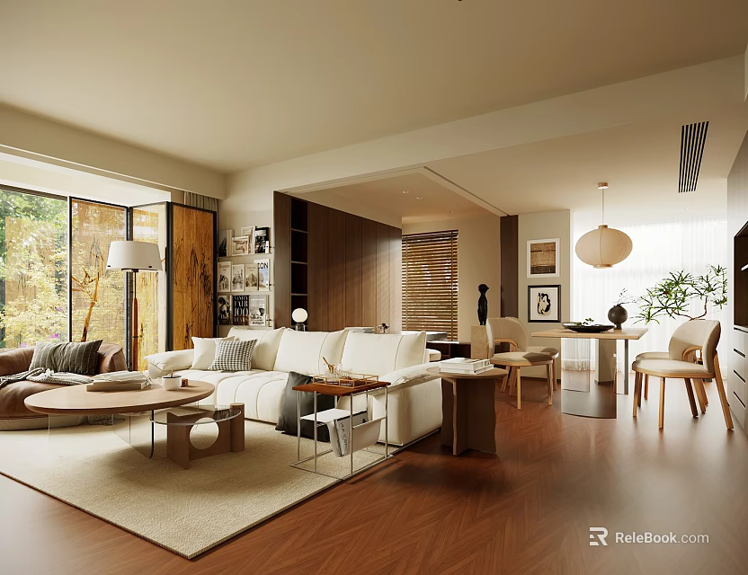 Modern Warm Natural Wood Open Plan Living And Dining Room Interior Design With Cozy Furniture 3d model 