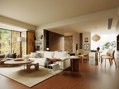 Modern Warm Natural Wood Open Plan Living And Dining Room Interior Design With Cozy Furniture 3d model