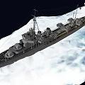 Large Gray Warship With Tall Mast And Naval Guns In Snowy Icy Sea