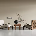 Minotti Modern Leisure Chairs With Wooden Frame Upholstered Seat Side Table And Black Vase