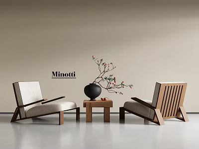 Minotti Modern Leisure Chairs With Wooden Frame Upholstered Seat Side Table And Black Vase 3d model