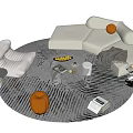 Modern Cream Sofa Coffee Table Combination with Orange Pillows Striped Rug and Decorative Items