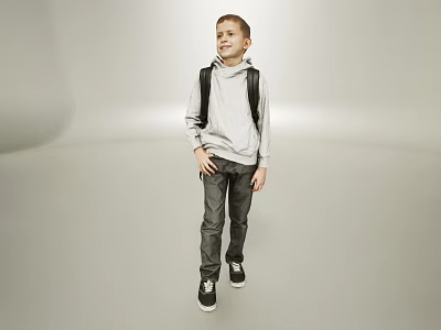 Young Boy In Gray Hoodie With Black Backpack And Sneakers 3d model