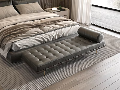 Modern Bedroom Interior Featuring Tufted Leather Bench And Wooden Floor 3d model