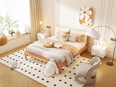 Sunny Children's Room With Wooden Bed Plush Toys Checkered Rug Armchair And Floor Lamp 3d model
