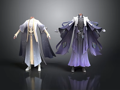Man Wearing Elegant Traditional Robes In Light And Dark Colors With Flowing Sleeves 3d model